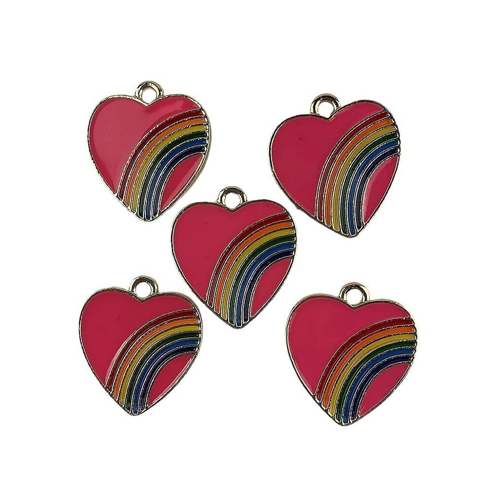 5374 10PC Gold Plated Enamel Pink Rainbow Heart Alloy Charm Pendants